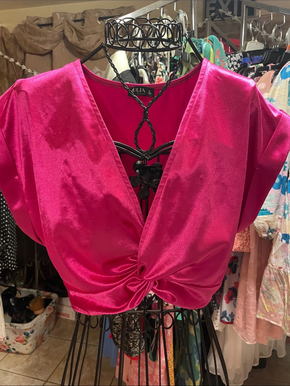 Fuchsia Satin Twist-Front Crop Top by Julia